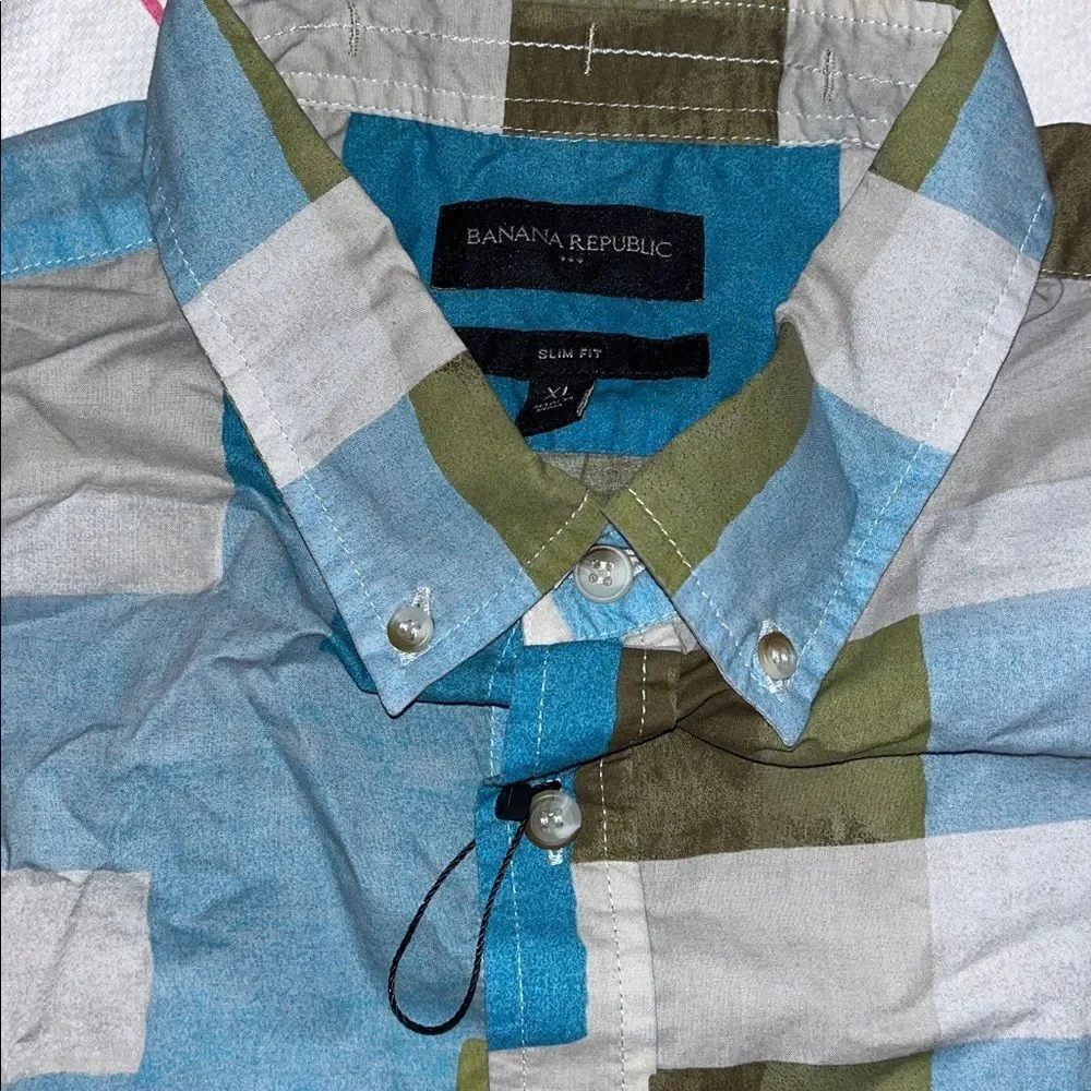 New Banana Republic Blue GRay Brown Patchwork SS button shirt XL slim Cotton